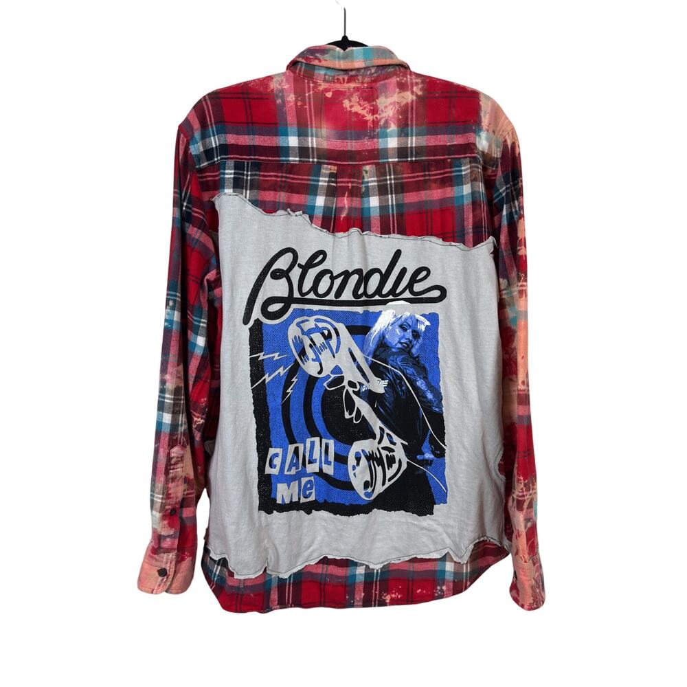 Two Gypsea Souls Blondie Flannel Shirt Womens Large Red Graphic Plaid Bleach Dye